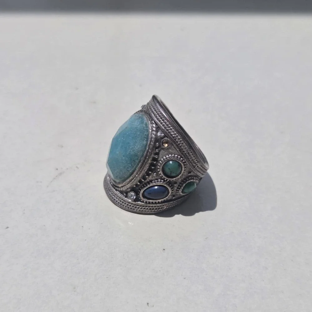 Vintage 925 Sterling Silver Mixed Stone Boho Statement Ring Size 7.25 Blue Green